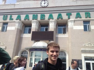 At Ulaanbaatar station, after journeying across the Trans-Mongolian Railway.
