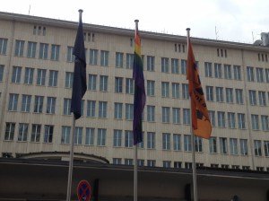 However limp it appears in the lack of wind, that's still a rainbow flag!