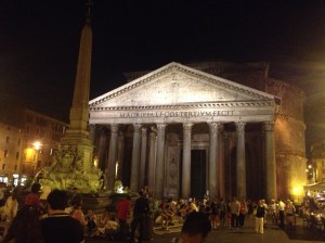 The illuminated Pantheon at night. 