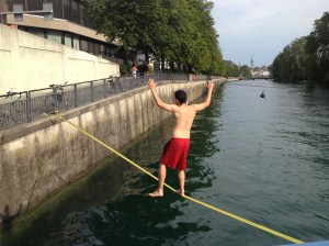 Slow and steady across the slackline...