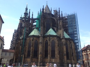 Side view of St Vitus Cathedral, complete with scaffolding. 