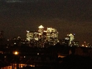 Canary Wharf at night, also as seen from John's flat.