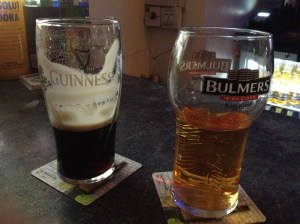 Matt's pint of Guinness and my pint of Bulmers cider at The Front Lounge, complete with their appropriate glasses.