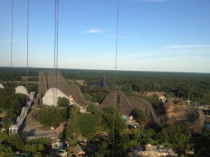View of one of the huge, wooden roller coasters. 