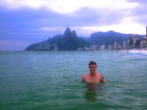 Swimming at Ipanema with the scenery behind me. 