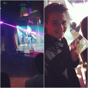 The queen performing on stage; me with my new CD.