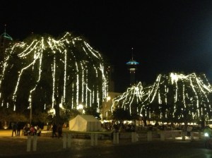 Lights draped over the trees in the centre of town, near the Alamo.