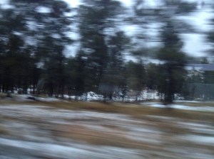 Snow scattered ground as the bus departed Flagstaff. 